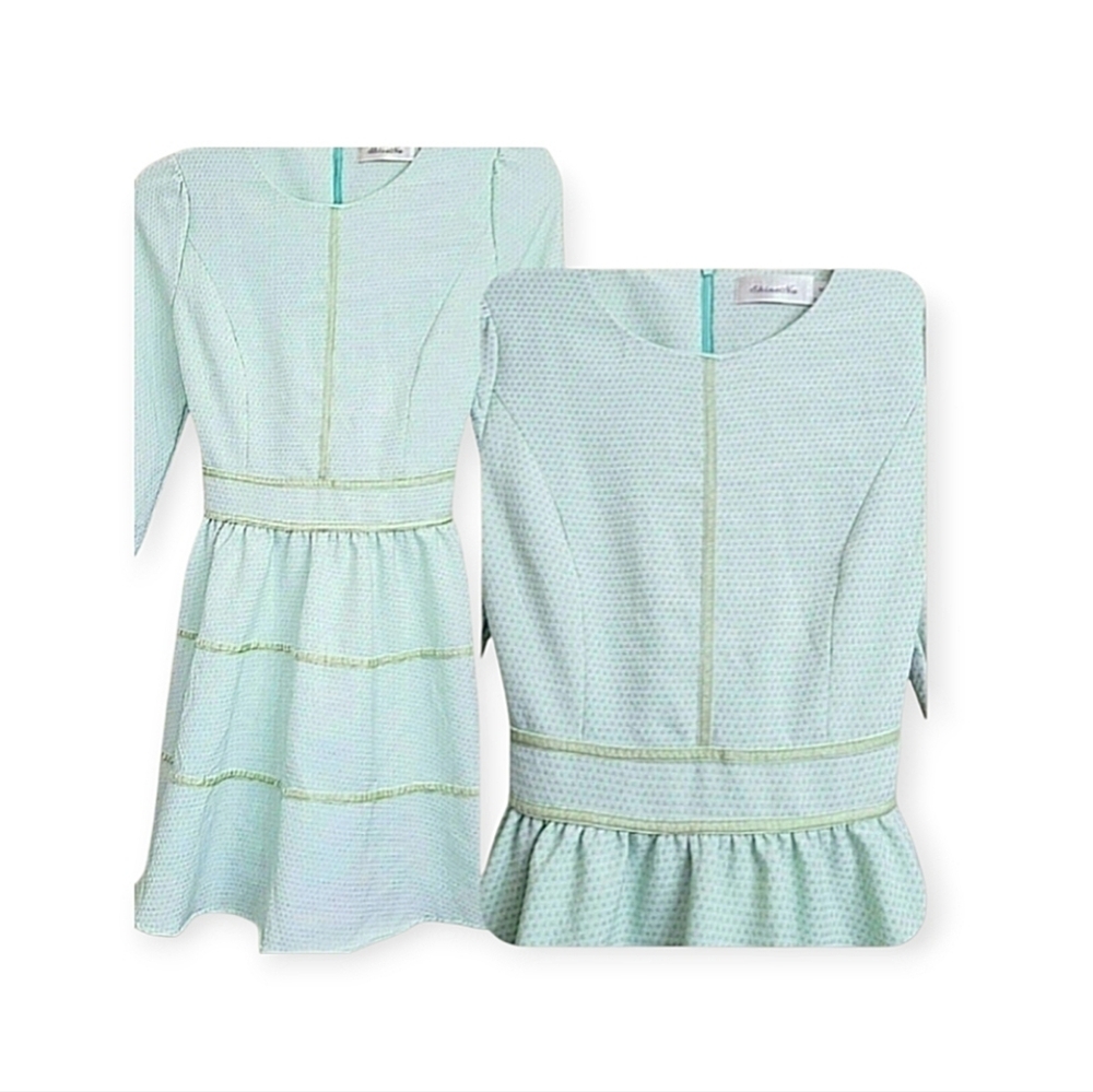 Vintage Women's Mint Green Dress w/ Tiny Dots & Velvet Ribbons, Size Med